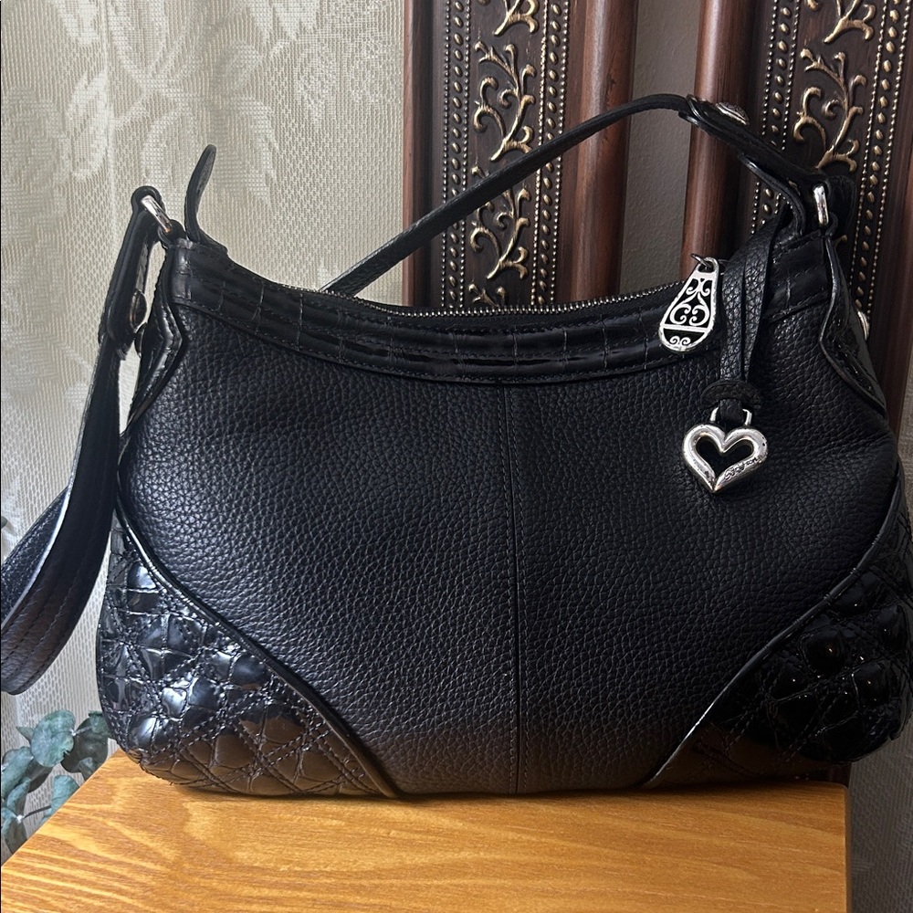 Brighton Black Women's Leather Shoulder Bag with Heart Charm - Picture 2 of 14